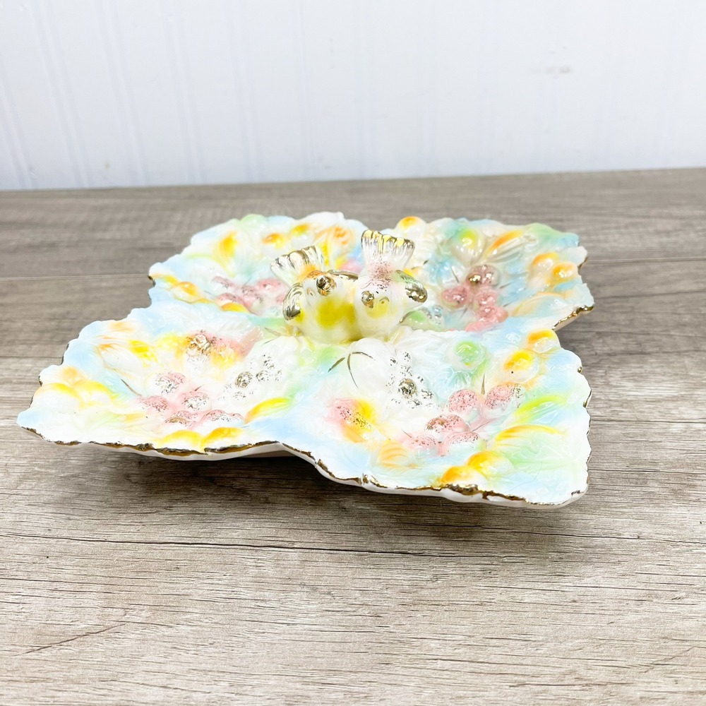 Vintage Pastel Ceramic Lovebirds Trinket Dish, Iridescent Gold Trim Tray